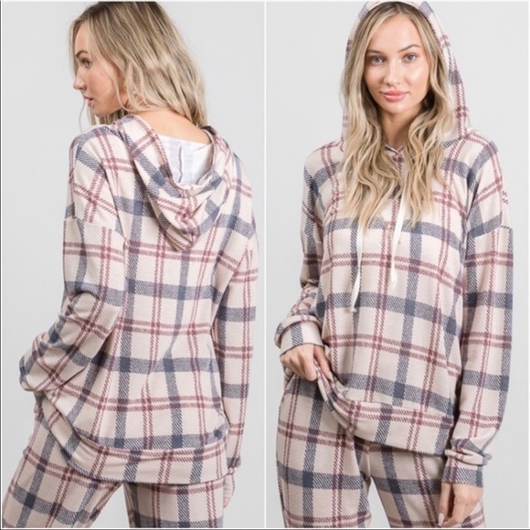Womens Soft Plaid Casual Weekend Hoodie Top - Picture 3 of 4